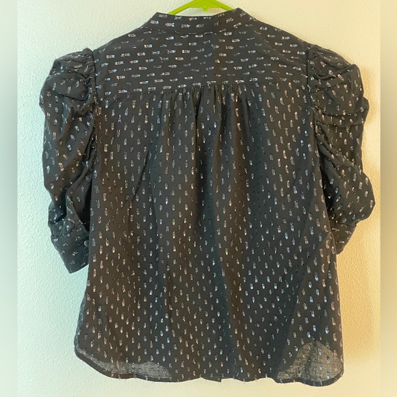 GAP petite S cotton puff sleeve blouse black with metallic thread - Picture 2 of 6